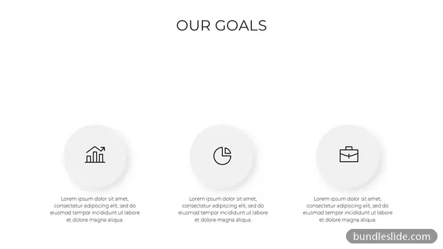 Icon Infographic PPT template with 3 items in white, our goals, three columns - editable PowerPoint slide