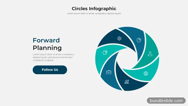 Process PPT template with 7 items in dark blue, circular infographic, pinwheel shape - editable PowerPoint slide