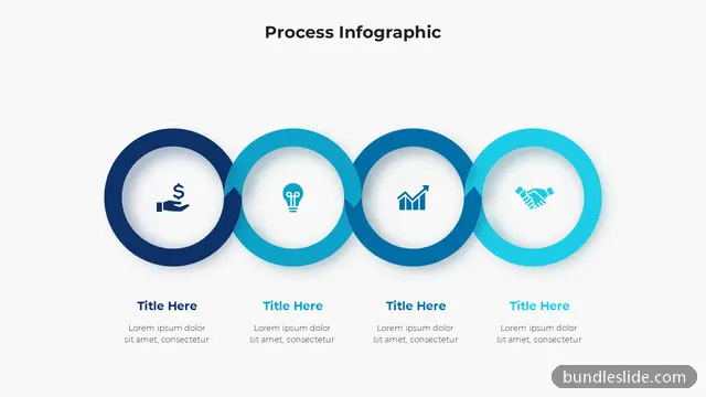 Process PPT template with 4 items in navy blue, four steps, interlocking circles - editable PowerPoint slide