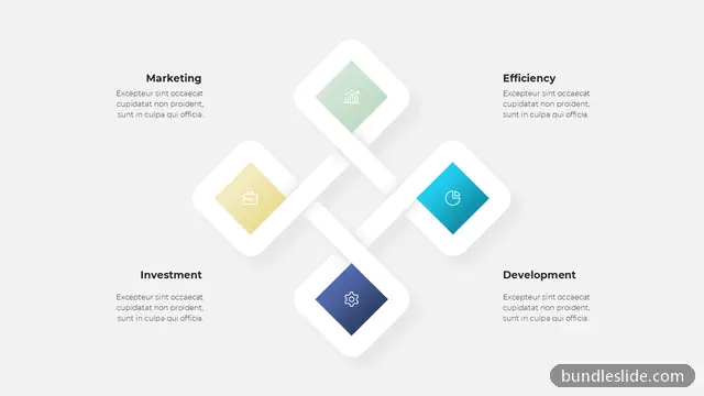 Finance PPT template with 4 items in green, four diamonds, cross layout - editable PowerPoint slide