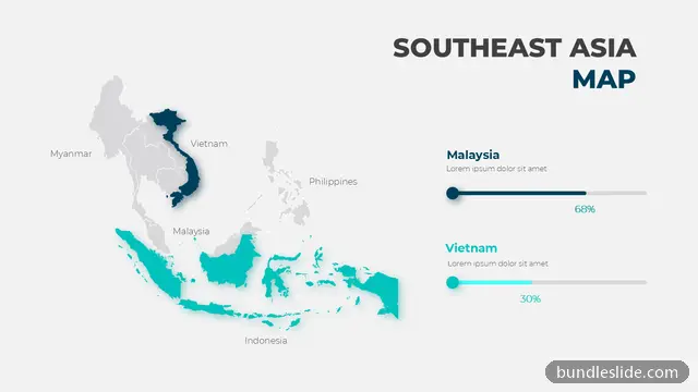 Data Chart PPT template with 2 items in teal, Southeast Asia map, regional map - editable PowerPoint slide