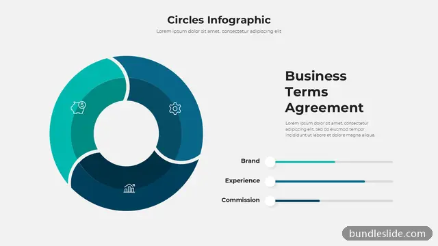 Process PPT template with 3 items in teal, circular diagram, donut segments - editable PowerPoint slide