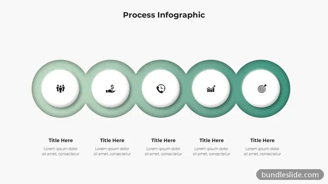 Process PPT template with 5 items in green, five steps, circular icons - editable PowerPoint slide