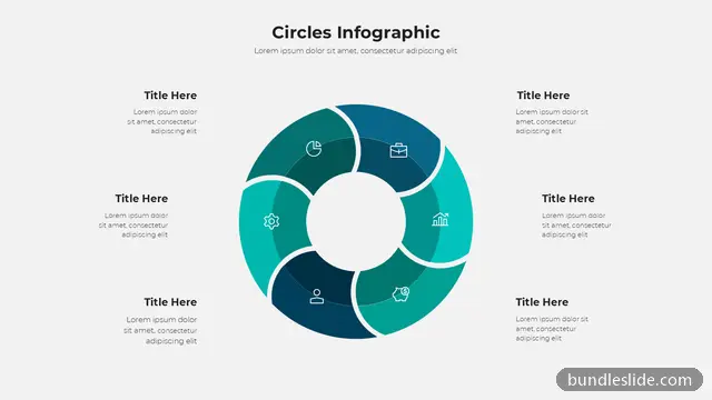 Process PPT template with 6 items in teal, circular diagram, six segments - editable PowerPoint slide