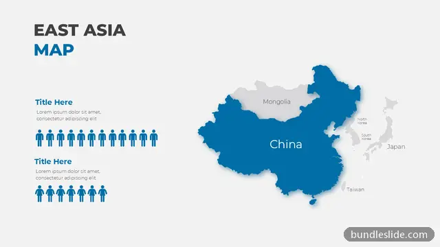 Map PPT template with 2 items in blue, East Asia map, China highlighted - editable PowerPoint slide