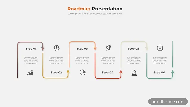 Process PPT template with 6 items in maroon, roadmap, six steps - editable PowerPoint slide