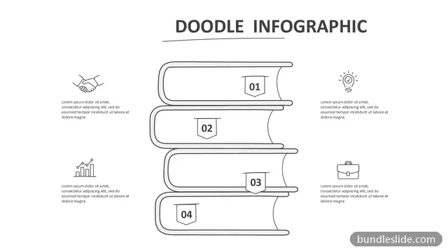Process PPT template with 4 items in white, stacked books, doodle style - editable PowerPoint slide
