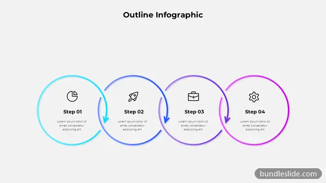 Process PPT template with 4 items in cyan, 4 steps, outlined circles - editable PowerPoint slide