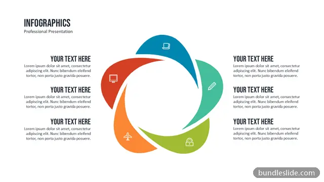 Cycle PPT template with 5 items in blue, circular diagram, pinwheel shapes - editable PowerPoint slide