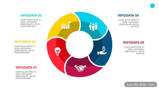 5 Step Process PPT template with 5 items in cyan, circular diagram, 5 segments - editable PowerPoint slide