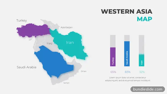 Data Chart PPT template with 3 items in purple, Western Asia map, regional map - editable PowerPoint slide