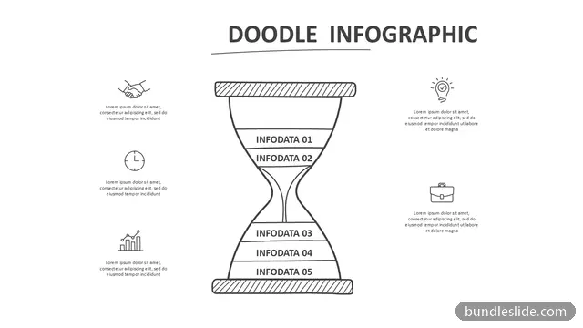 Process PPT template with 5 items in white, hourglass diagram, doodle style - editable PowerPoint slide