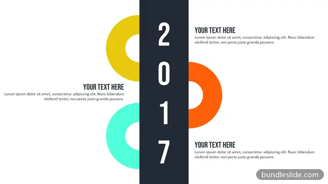 Circular Diagram PPT template with 4 items in dark navy, 2017, year highlight - editable PowerPoint slide