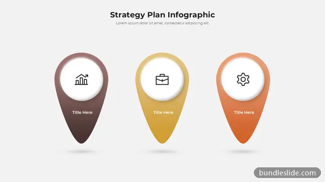 Process PPT template with 3 items in brown, strategy plan, pin markers - editable PowerPoint slide
