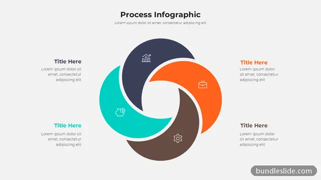 Process PPT template with 4 items in navy blue, 4-step cycle, pinwheel diagram - editable PowerPoint slide