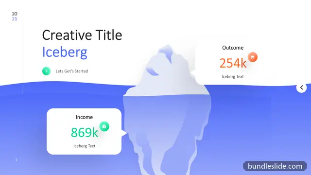 Statistics PPT template with 2 items in blue, iceberg diagram, title slide - editable PowerPoint slide