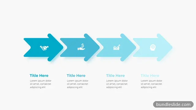 Business PPT template with 4 items in teal, arrow shapes, 4 steps - editable PowerPoint slide