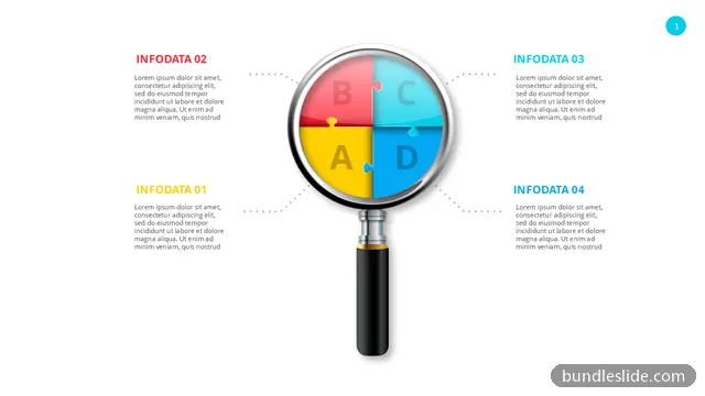 Circular Diagram PPT template with 4 items in red, magnifying glass, puzzle pieces - editable PowerPoint slide