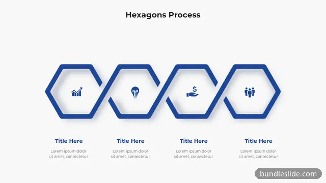 Business PPT template with 4 items in blue, hexagon shapes, four steps - editable PowerPoint slide