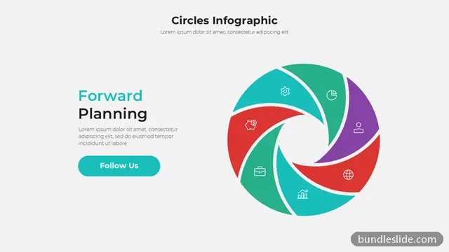 Cycle PPT template with 6 items in teal, circular infographic, pinwheel shape - editable PowerPoint slide