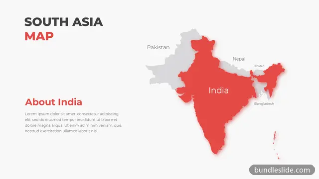 Map PPT template in red, South Asia map, India highlighted - editable PowerPoint slide