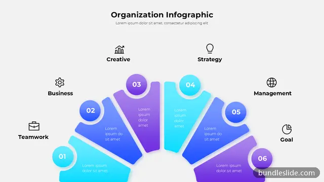 Circular Diagram PPT template with 6 items in cyan, organization infographic, fan diagram - editable PowerPoint slide