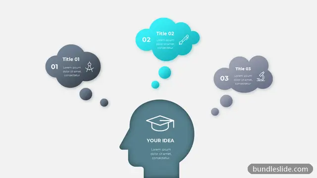 Education PPT template with 3 items in teal, thought bubbles, head silhouette - editable PowerPoint slide