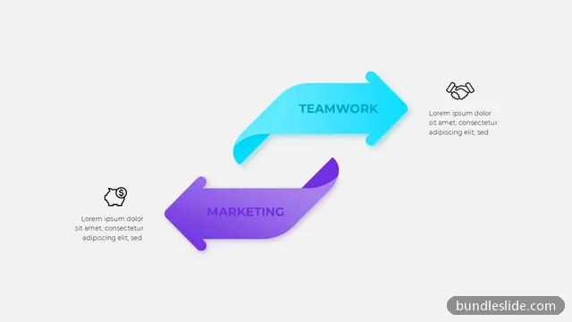 Cycle PPT template with 2 items in cyan, opposing arrows, teamwork - editable PowerPoint slide
