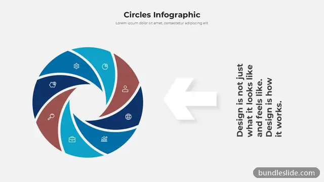 Cycle PPT template with 8 items in navy blue, circular infographic, pinwheel diagram - editable PowerPoint slide