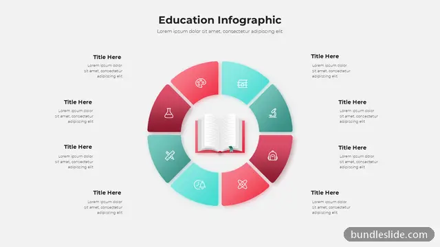 Education PPT template with 8 items in teal, education infographic, circular wheel diagram - editable PowerPoint slide