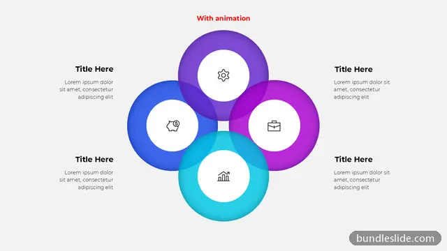 Finance PPT template with 4 items in purple, four circles, overlapping circles - editable PowerPoint slide