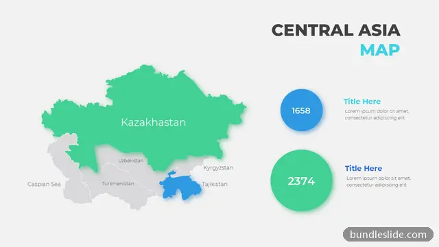 Data Chart PPT template with 2 items in green, central asia map, kazakhstan - editable PowerPoint slide