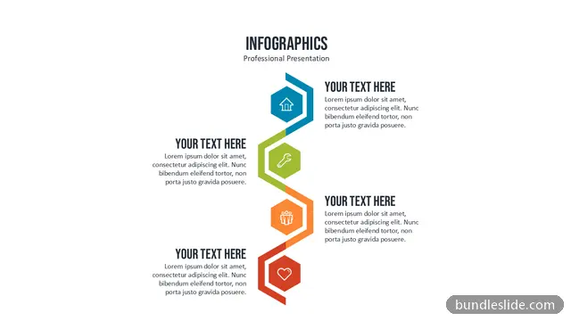 4 Step Process PPT template with 4 items in blue, hexagon icons, vertical timeline - editable PowerPoint slide
