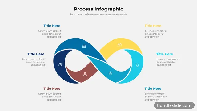 Cycle PPT template with 6 items in navy blue, infinity loop, process infographic - editable PowerPoint slide