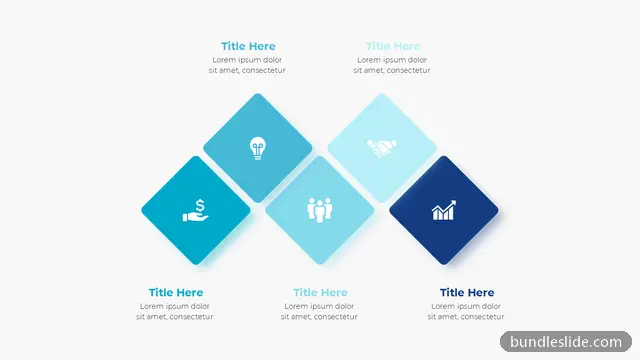 Finance PPT template with 5 items in blue, diamond shapes, five steps - editable PowerPoint slide