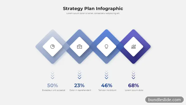 Statistics PPT template with 4 items in blue, strategy plan, diamond icons - editable PowerPoint slide