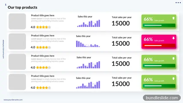 Data Chart PPT template with 4 items in white, product comparison, sales growth - editable PowerPoint slide