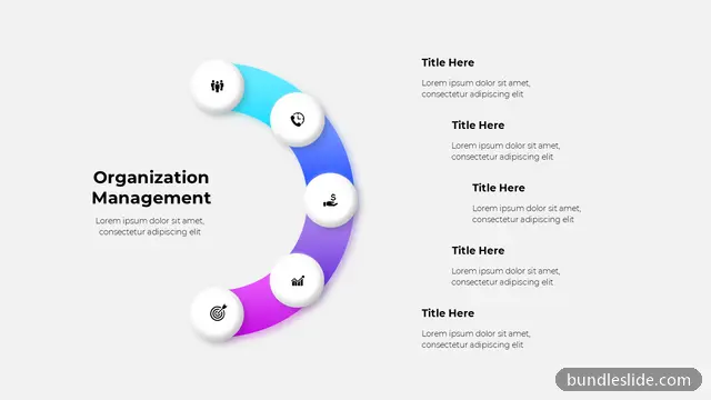 Cycle PPT template with 5 items in cyan, organization management, circular arc - editable PowerPoint slide
