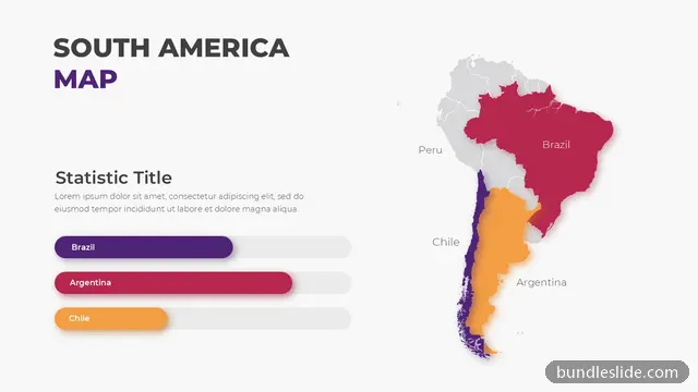 Map PPT template with 3 items in purple, South America map, country highlight - editable PowerPoint slide