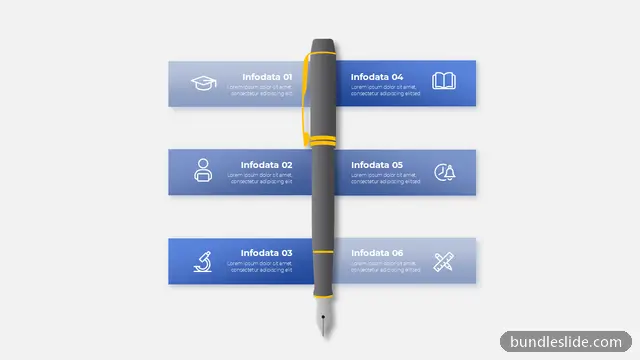 Education PPT template with 6 items in blue, pen graphic, infodata - editable PowerPoint slide