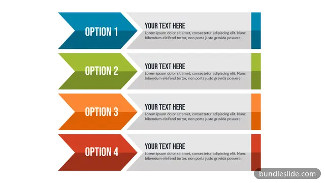 Business PPT template with 4 items in blue, options, arrows - editable PowerPoint slide