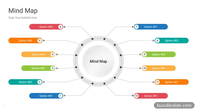 Mind Map PPT template with 12 items in blue, mind map, central circle - editable PowerPoint slide
