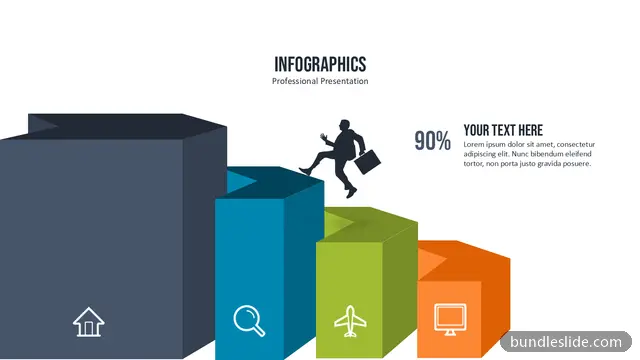 Statistics PPT template with 4 items in dark blue, 3D bar chart, descending steps - editable PowerPoint slide
