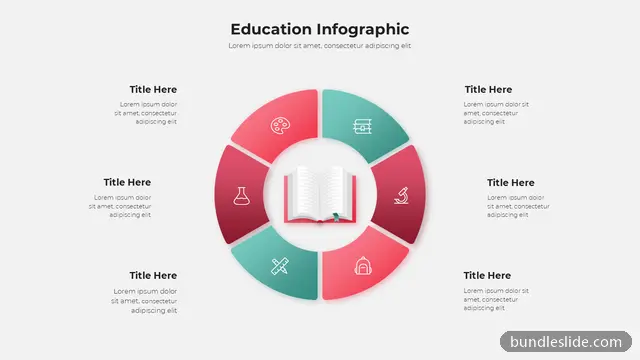 Cycle PPT template with 6 items in pink, education infographic, circular wheel - editable PowerPoint slide