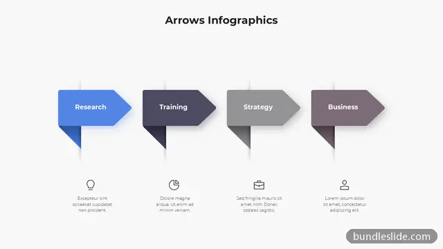 Business PPT template with 4 items in blue, arrows, four steps - editable PowerPoint slide