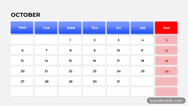 Data Chart PPT template with 7 items in blue, calendar, October - editable PowerPoint slide