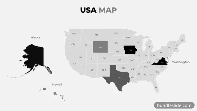 Map PPT template with 50 items in black, USA map, states - editable PowerPoint slide