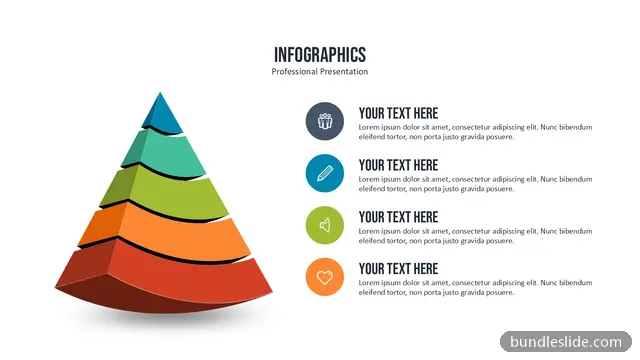 Pyramid PPT template with 5 items in blue, 3D pyramid, layered pyramid - editable PowerPoint slide