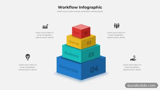 Business PPT template with 4 items in red, pyramid diagram, 3D blocks - editable PowerPoint slide