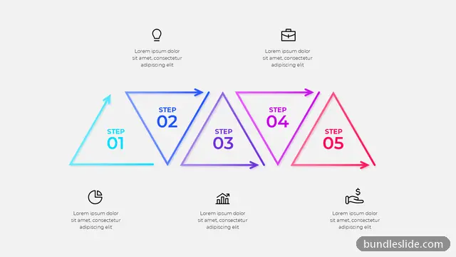 Business PPT template with 5 items in cyan, triangle arrows, 5 steps - editable PowerPoint slide